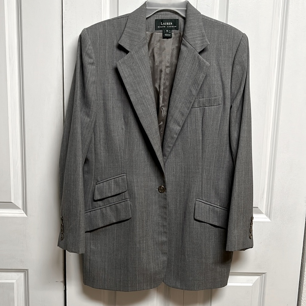 Ralph Lauren Gray 4 Pocket Long Wool Business Blazer Size 14